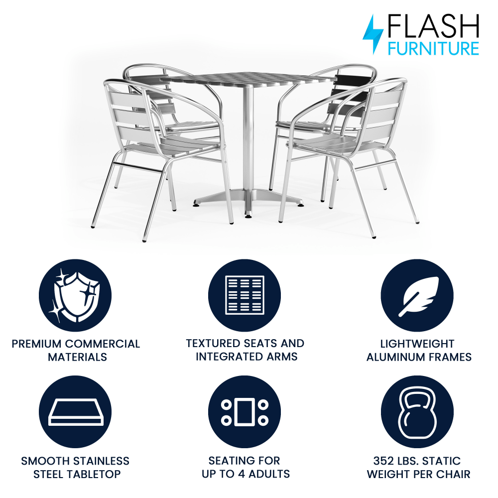 Flash Furniture Square Aluminum Indoor-Outdoor Table with 4 Slat-Back Chairs, 27-1/2inH x 27-1/2inW x 27-1/2inD, Aluminum