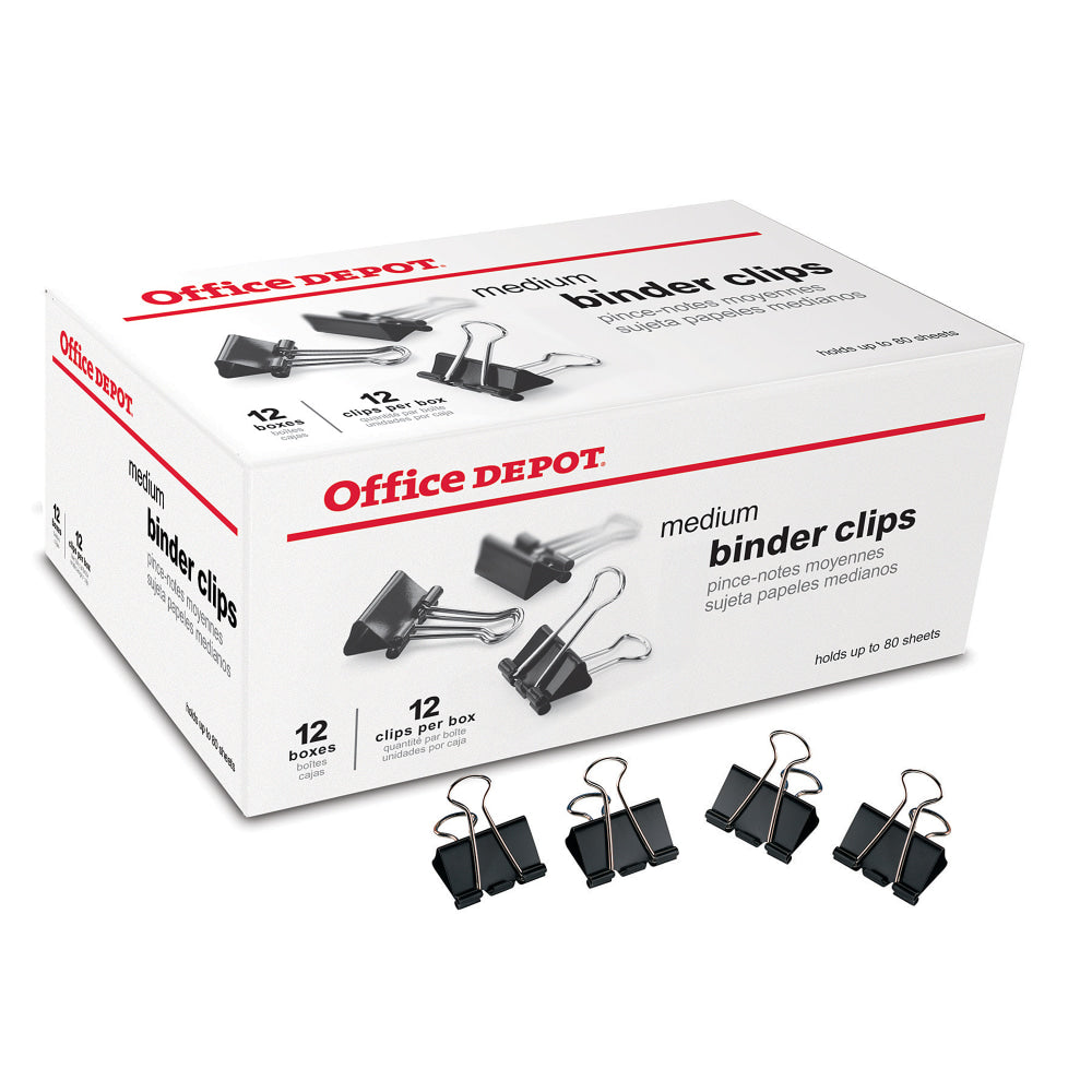 Office Depot Brand Binder Clips, Medium, 1-1/4in Wide, 5/8in Capacity, Black, Pack Of 144 (12 Boxes Of 12 Clips)