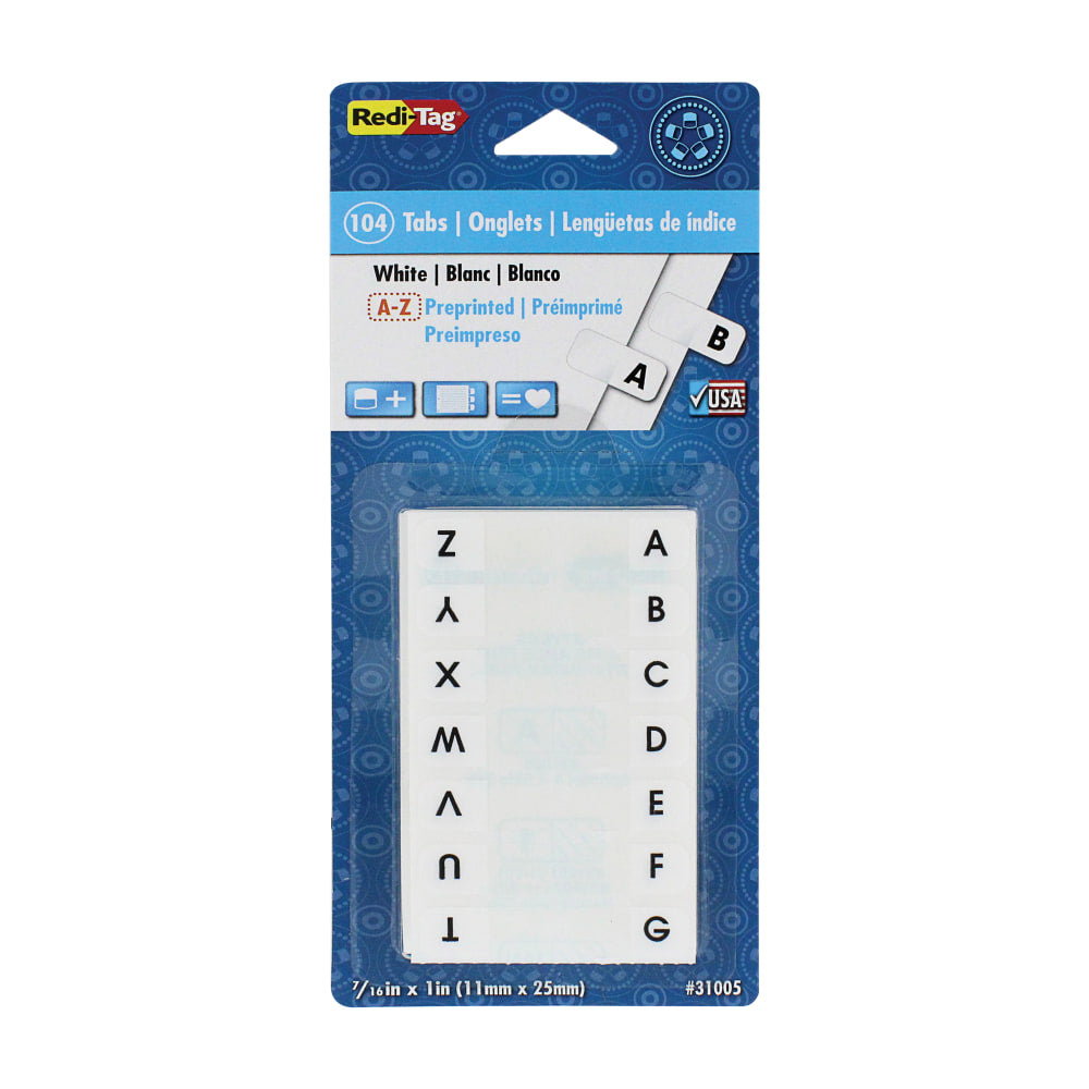 Redi-Tag Permanent Index Tabs, Alphabetical A-Z, Side, White, 4 Sets, Pack Of 104 Tabs