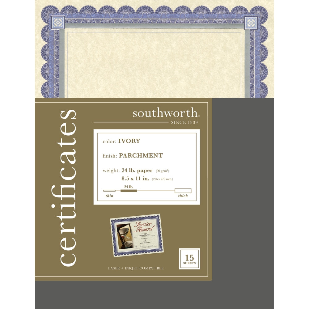 Southworth Foil Enhanced Preprinted Certificate Refills, 8 1/2in x 11in, Ivory/Silver/Blue, Pack Of 15