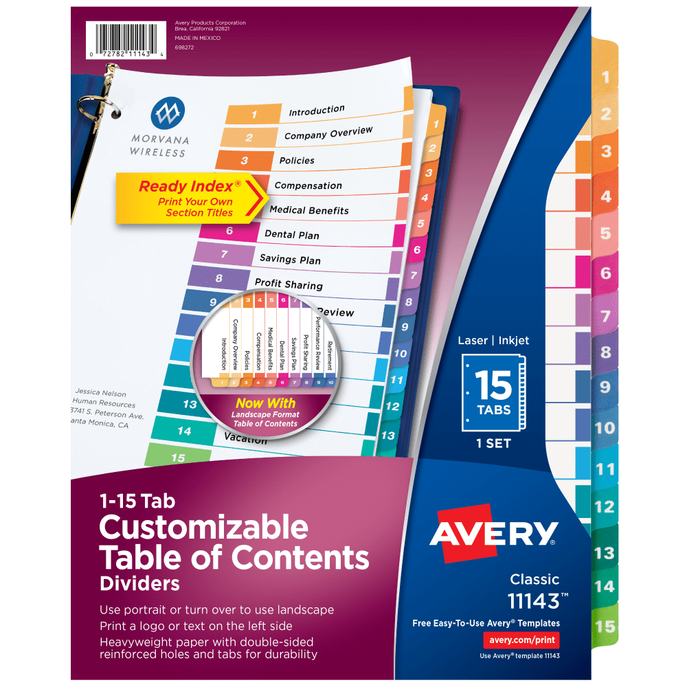 Avery Ready Index 1-15 Tab Binder Dividers With Customizable Table Of Contents, 8-1/2in x 11in, 15 Tab, White/Multicolor, 1 Set