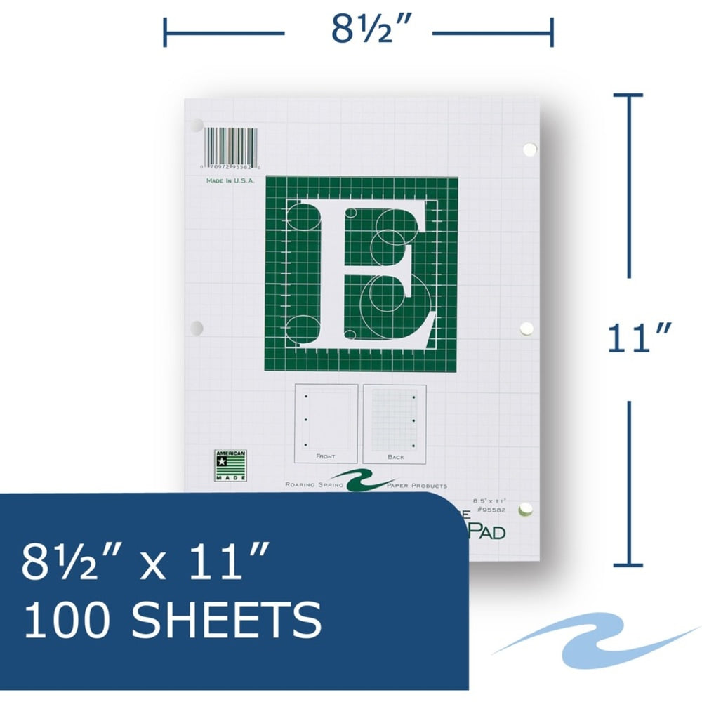 Roaring Spring 5x5 Grid Engineering Pad, 15# Green, 3 Hole Punched, 8.5in x 11in 100 Sheets, Green Paper Gride to Edge