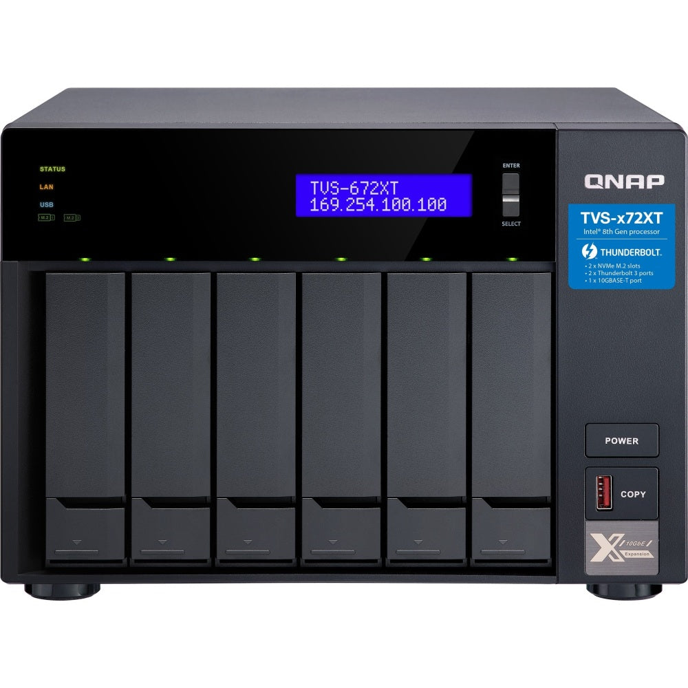 QNAP TVS-672XT-I3-8G SAN/NAS/DAS Storage System - Intel Core i3 i3-8100T Quad-core (4 Core) 3.10 GHz - 6 x HDD Supported - 6 x SSD Supported - 8 GB RAM DDR4 SDRAM - Serial ATA/600 Controller - RAID Supported - 0, 1, 5, 6, 10, 50, JBOD RAID Levels