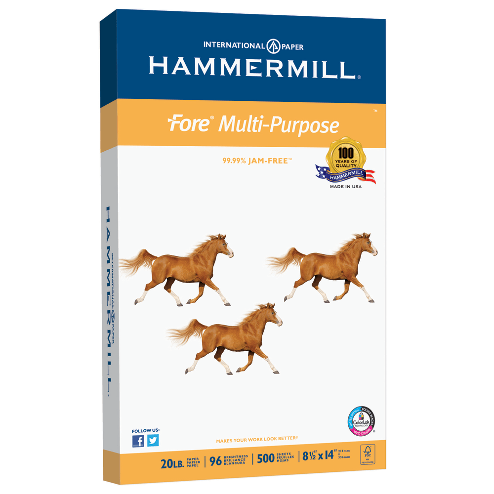 Hammermill Fore Multi-Use Printer & Copy Paper, White, Legal (8.5in x 14in), 500 Sheets Per Ream, 20 Lb, 96 Brightness