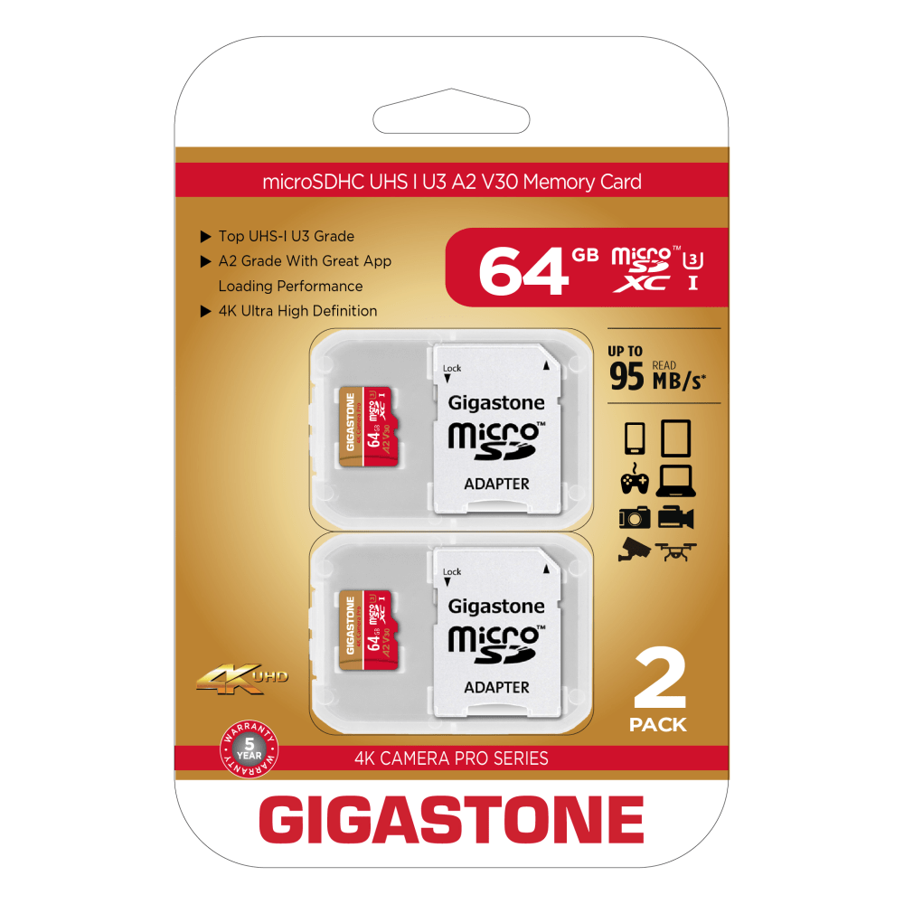 Dane-Elec Gigastone 4K Camera Pro MicroSDXC Cards, 64GB, Pack Of 2 Cards