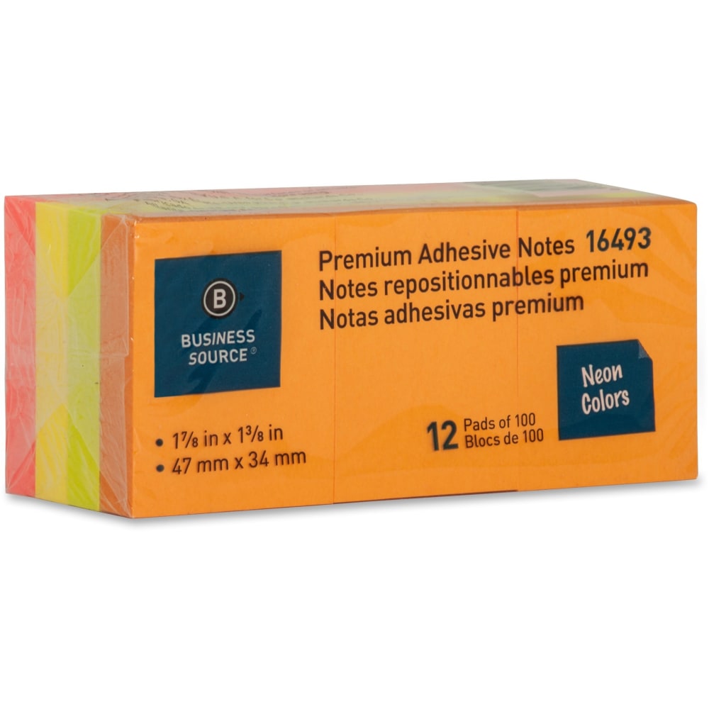 Business Source Premium Repostionable Adhesive Notes - 1 1/2in x 2in - Rectangle - Unruled - Neon - Self-adhesive, Repositionable, Solvent-free Adhesive - 12 / Pack