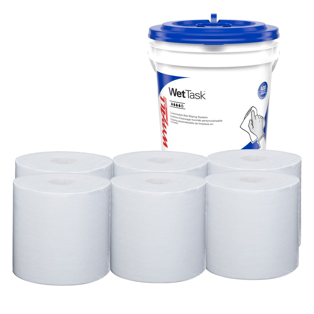 WypAll Critical Clean Wipers for Bleach, Disinfectants, and Sanitizers, WetTask Customizable Wet Wiping System, 12in x 6in, 140 Sheets Per Roll, Case Of 6 Rolls, 1 Bucket Included