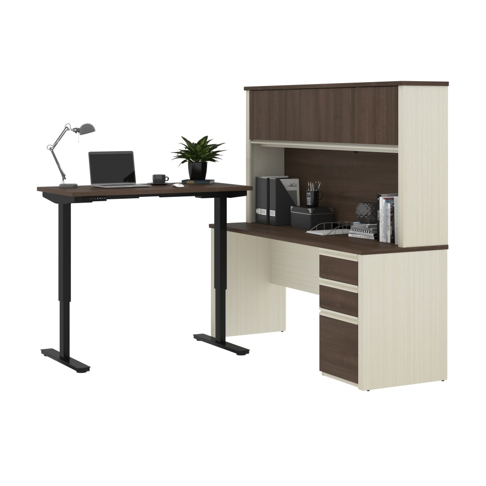 Bestar Prestige + 72inW L-Shaped Standing Corner Desk With Pedestal And Hutch, White Chocolate/Antigua