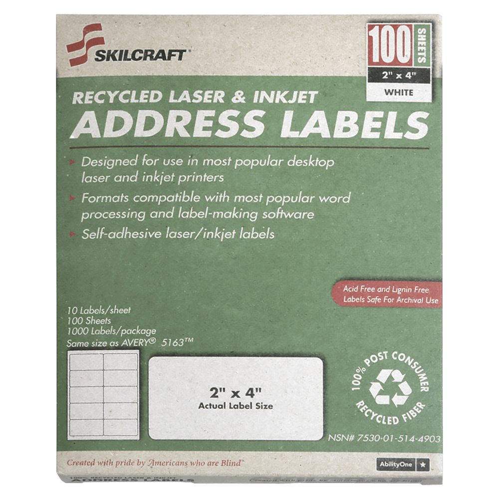 SKILCRAFT Permanent Inkjet/Laser Address Labels, NSN5144904, Rectangle, 1in x 2 5/8in, White, Box Of 100 Sheets (AbilityOne 7530-01-514-4904)