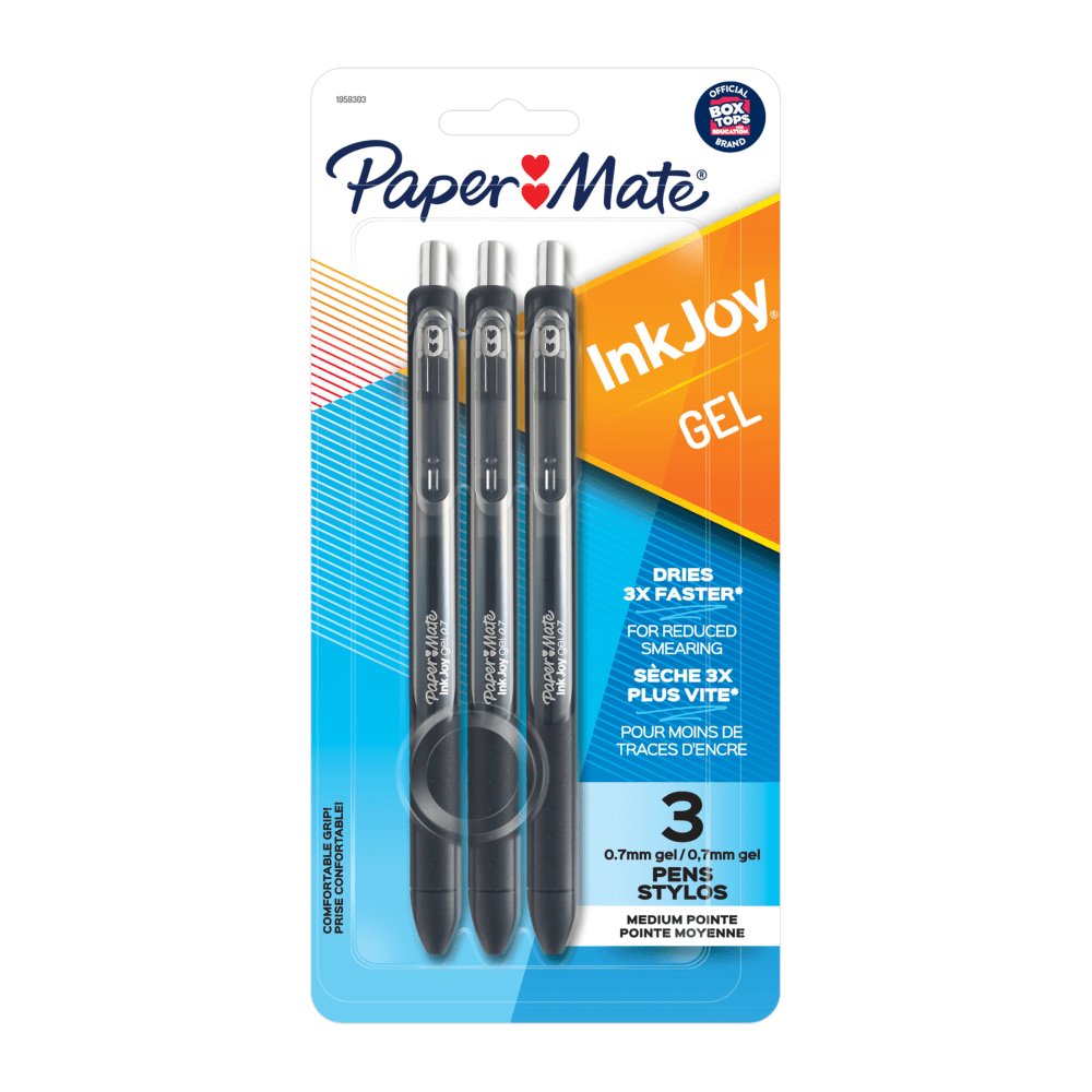 Paper Mate InkJoy Retractable Gel Pens, Medium Point, 0.7 mm, Black Barrels, Black Ink, Pack Of 3