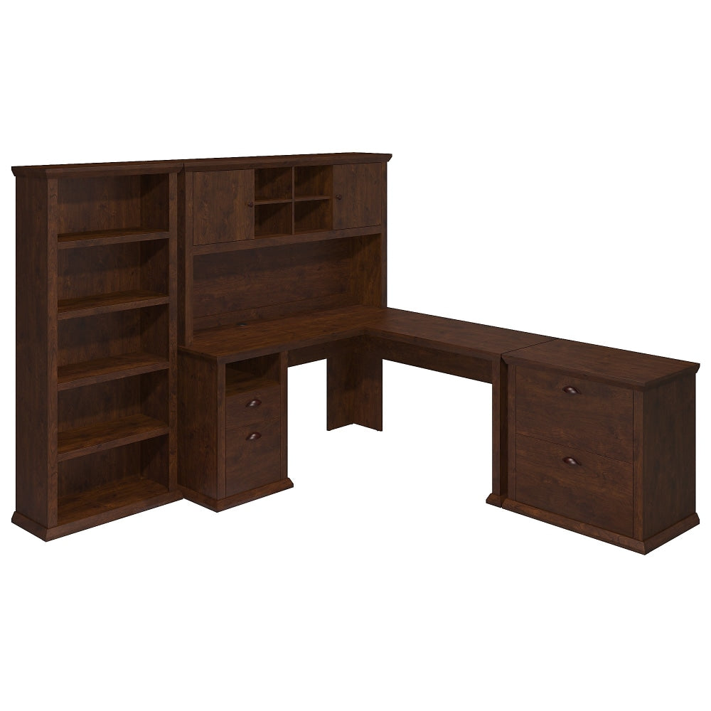 Bush Business Furniture Yorktown 60inW L-Shaped Corner Desk With Hutch, Lateral File Cabinet And 5-Shelf Bookcase, Antique Cherry, Standard Delivery