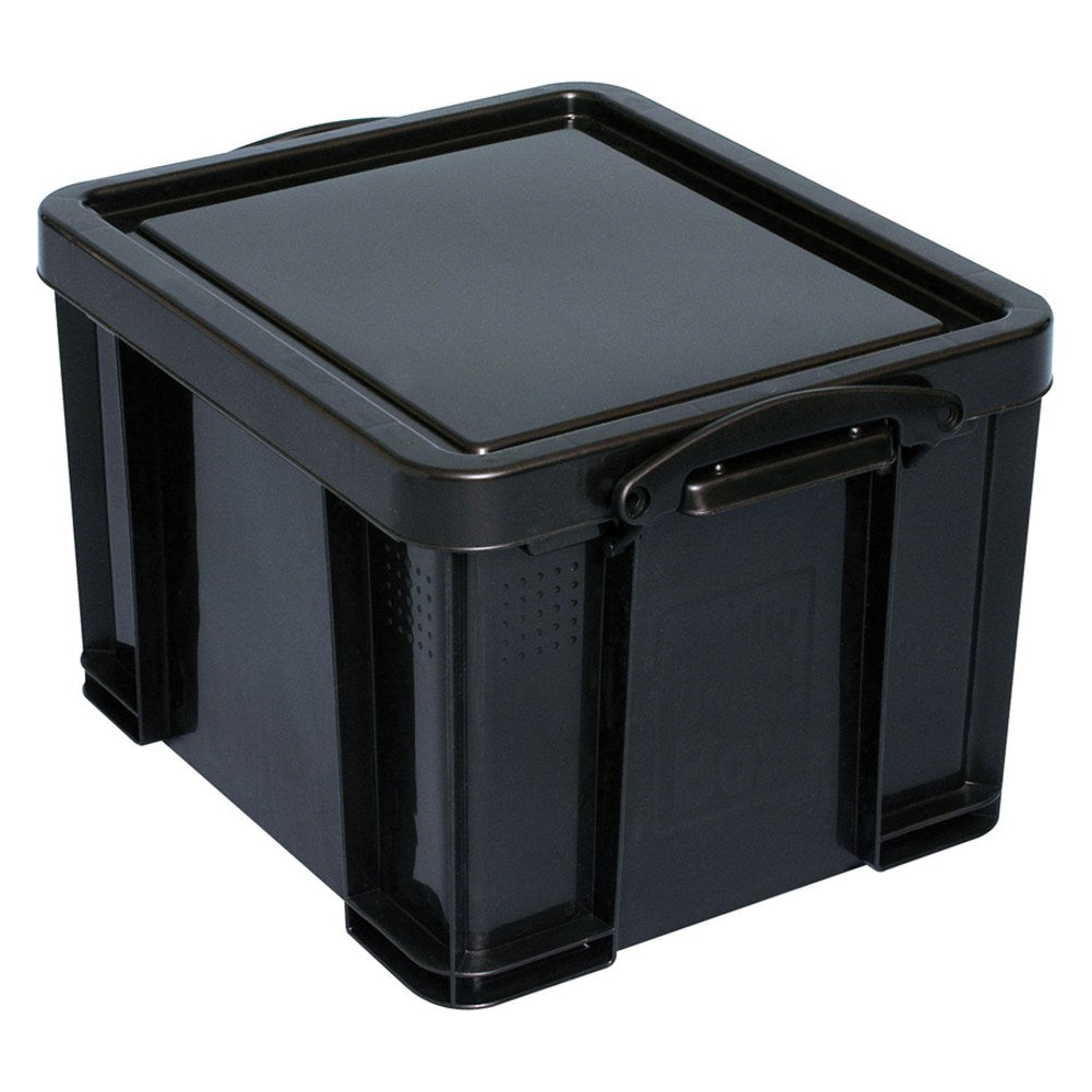 Really Useful Box Plastic Storage Container With Built-In Handles And Snap Lid, 32 Liters, 95% Recycled, 19in x 14in x 12in, Black