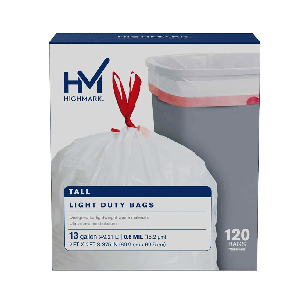 Highmark Tall 0.6 mil Drawstring Kitchen Trash Bags, 13 Gallon, 24in x 28in, White, Box Of 120