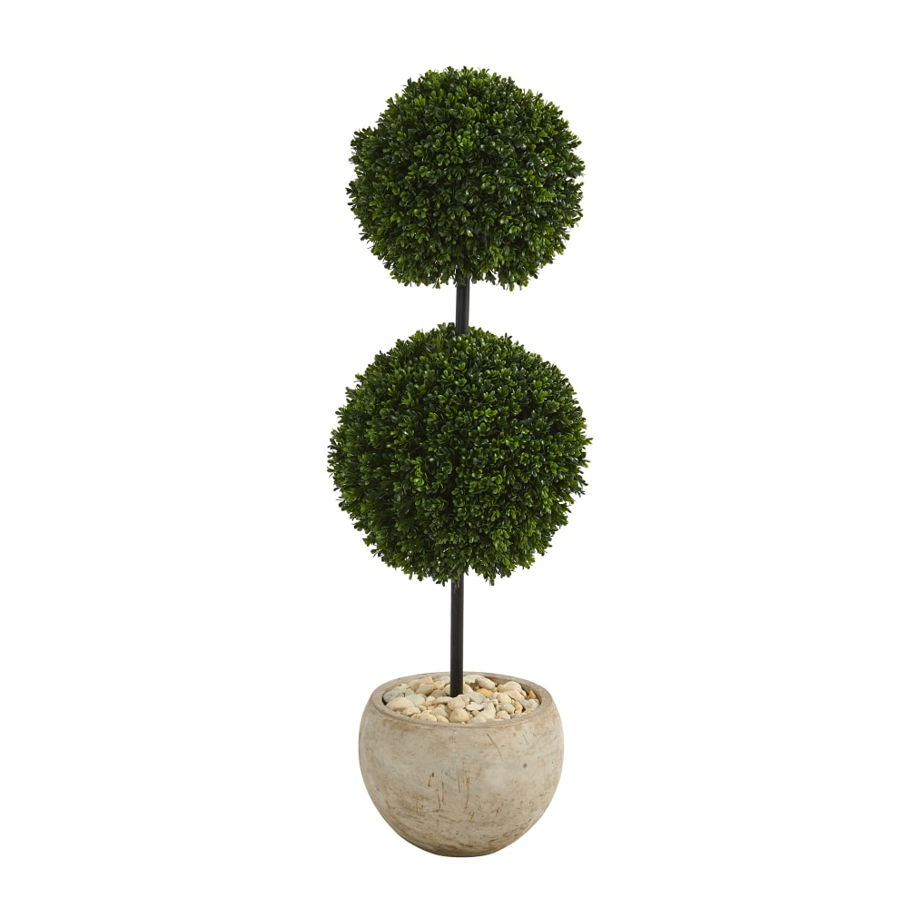 Nearly Natural Boxwood Double Ball Topiary 45inH Artificial Tree With Planter, 45inH x 10inW x 10inD, Green/Sand