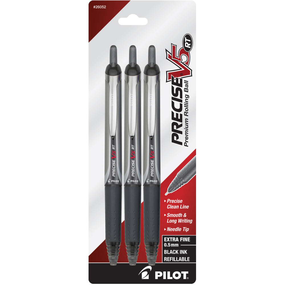 Pilot Precise V5 Liquid Ink Retractable Rollerball Pens, Extra-Fine Point, 0.5mm, Black Barrel, Black Ink, Pack Of 3