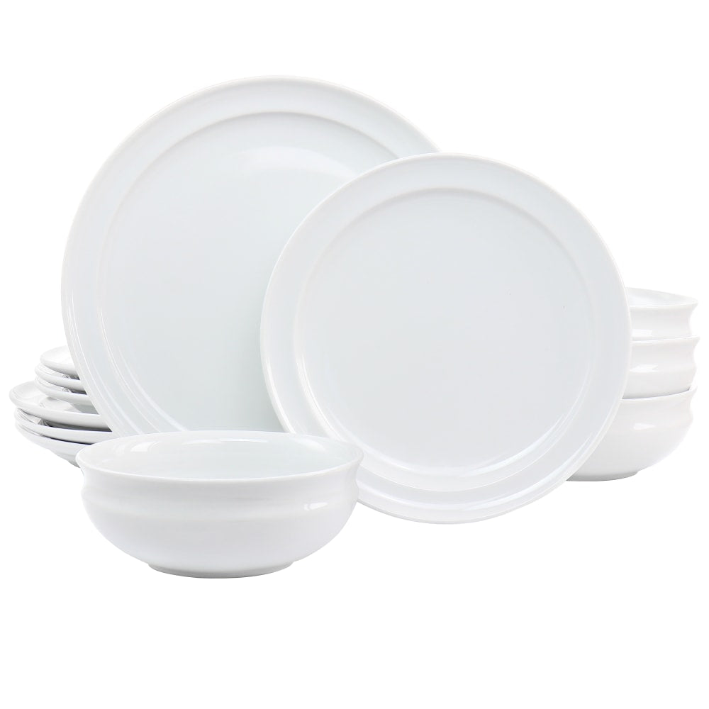 Martha Stewart 12-Piece Fine Ceramic Rimmed Dinnerware Set, White