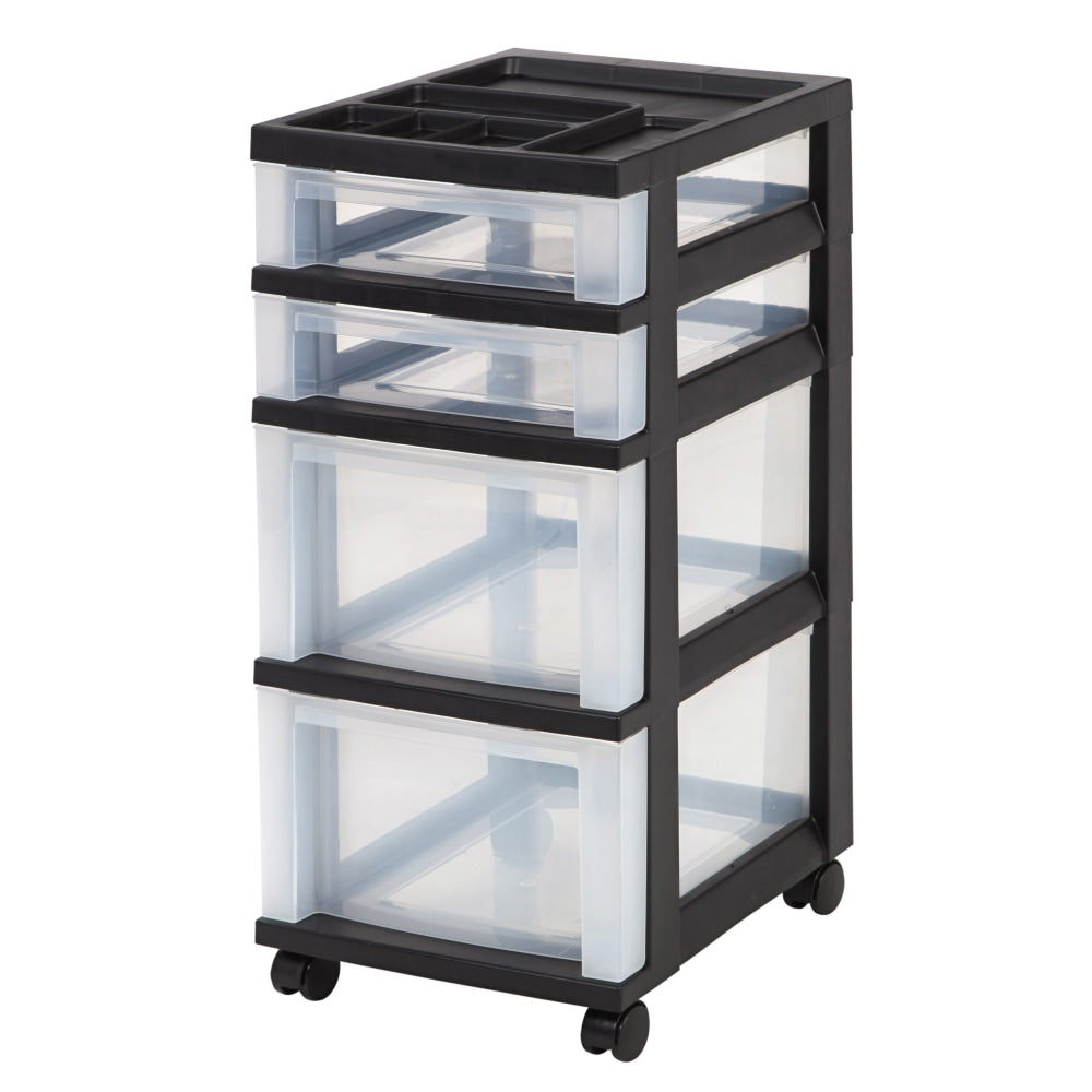 Iris Plastic 4-Drawer Rolling Storage Cart, 26 7/16inH x 12 1/8inW x 14 15/16inD, Clear/Black