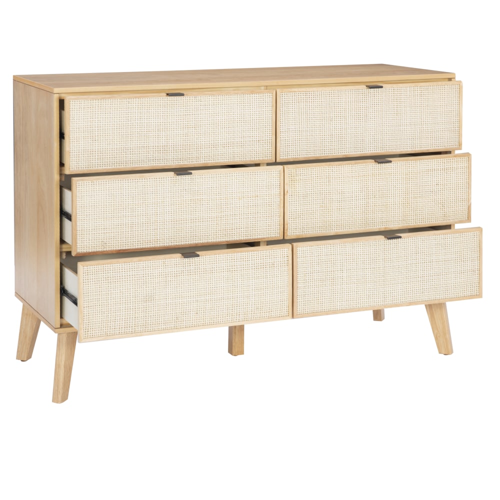 Powell Carling 6-Drawer Cane Bedroom Dresser, 35-3/4inH x 50inW x 18-1/2inD, Natural