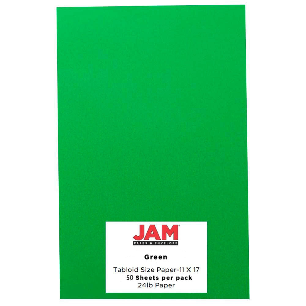 JAM Paper Card Stock, Green, Ledger (11in x 17in), 65 Lb, 30% Recycled, Pack Of 50