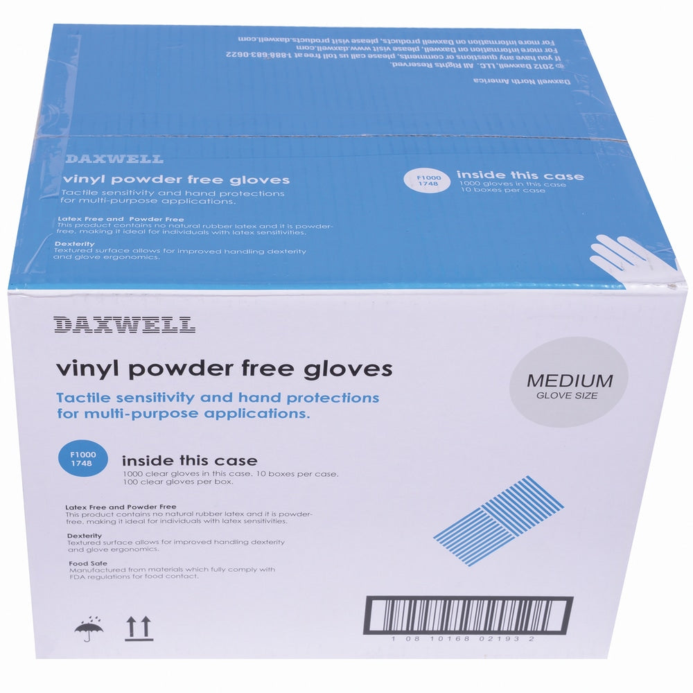 Daxwell Vinyl Gloves, Medium, Clear, 100 Gloves Per Pack, Box Of 10 Packs