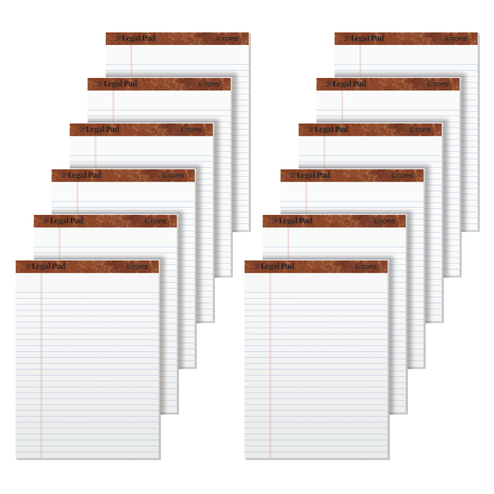 TOPS The Legal Pad Perforated Writing Pads, 8 1/2in x 11 3/4in, Legal Ruled, 50 Sheets, White/Blue, Pack Of 12