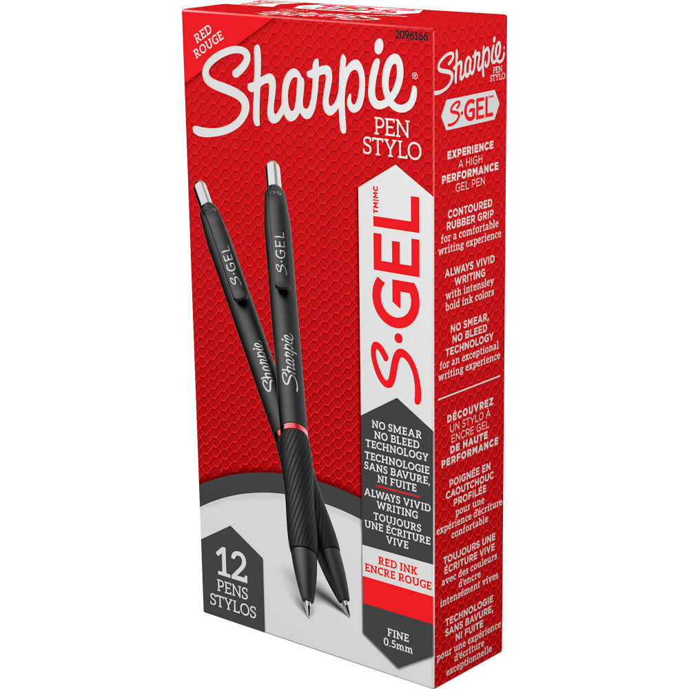 Sharpie S Gel Pens, Fine Point, 0.5 mm, Black/Red Barrel, Red Ink, Pack Of 12 Pens