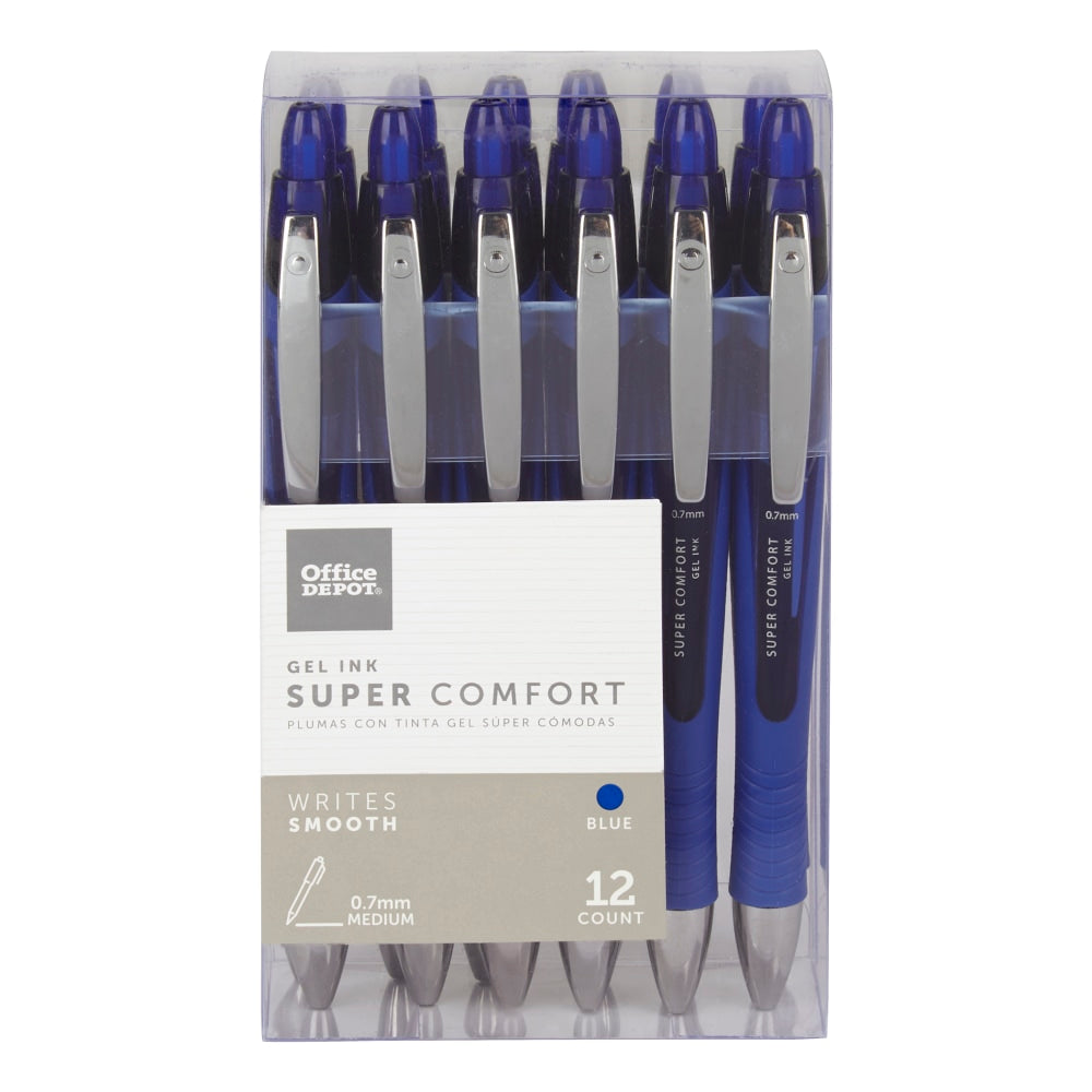 Office Depot Brand Super Comfort Grip Retractable Gel Pens, Medium Point, 0.7 mm, Blue Barrel, Blue Ink, Pack Of 12