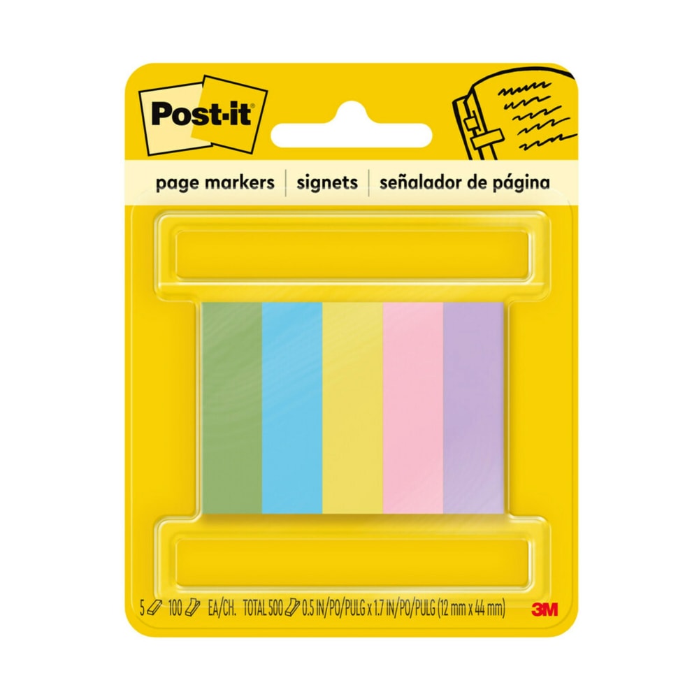 Post-it Notes Page Markers, 1/2in x 2in, Jewel Pop Colors, 100 Per Pad, Pack Of 5 Pads