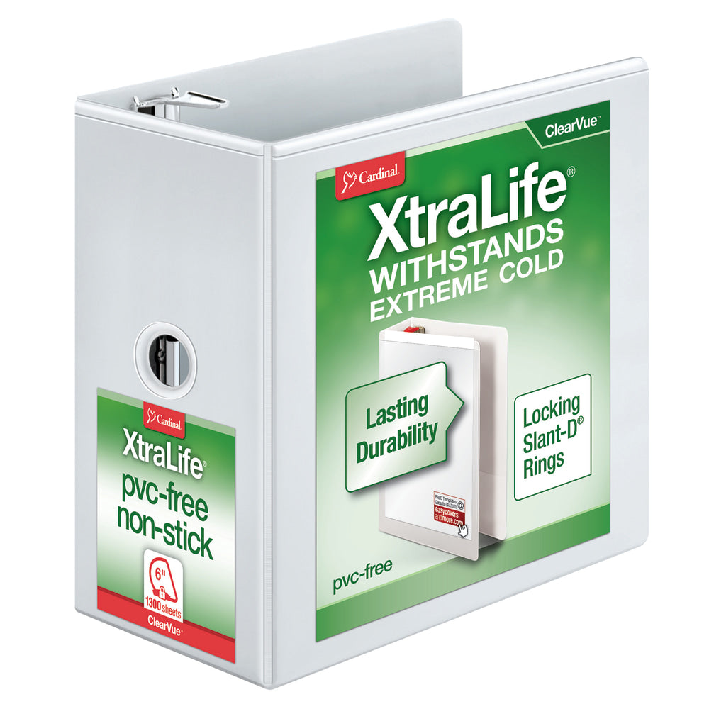 Cardinal XtraLife ClearVue Nonstick Locking Slant 3-Ring Binder, 6in D-Rings, White