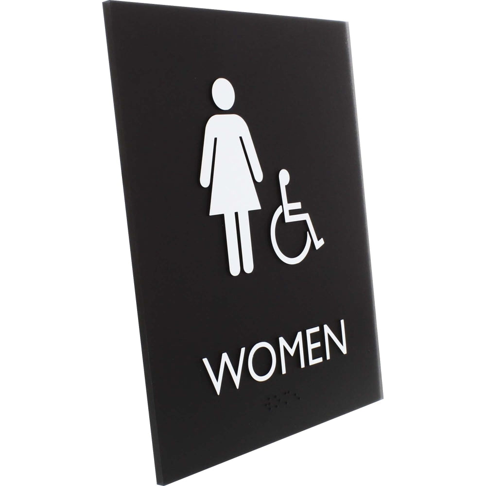 Lorell Womens Handicap Restroom Sign - 1 Each - Women Print/Message - 6.4in Width x 8.5in Height - Rectangular Shape - Surface-mountable - Easy Readability, Braille - Plastic - Black