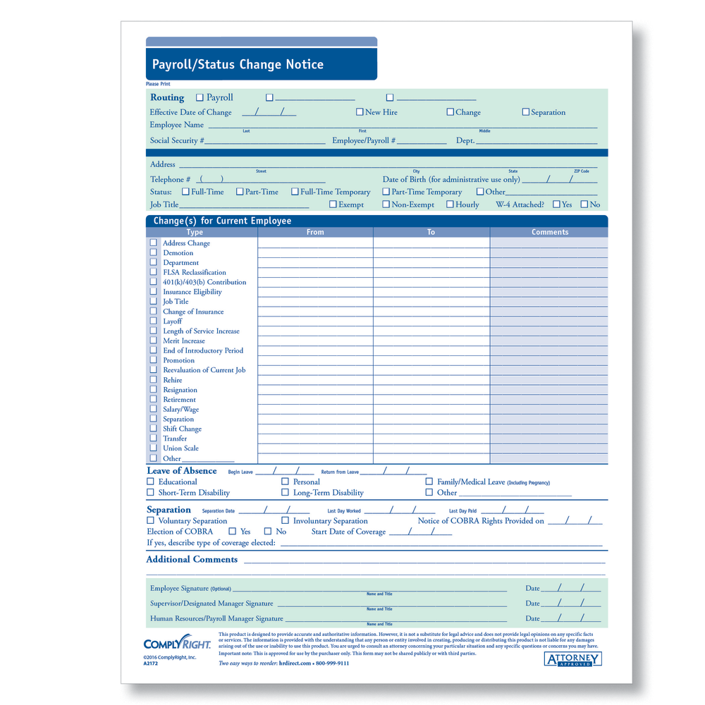 ComplyRight Payroll/Status Change Notices, 8 1/2in x 11in, Pack Of 50