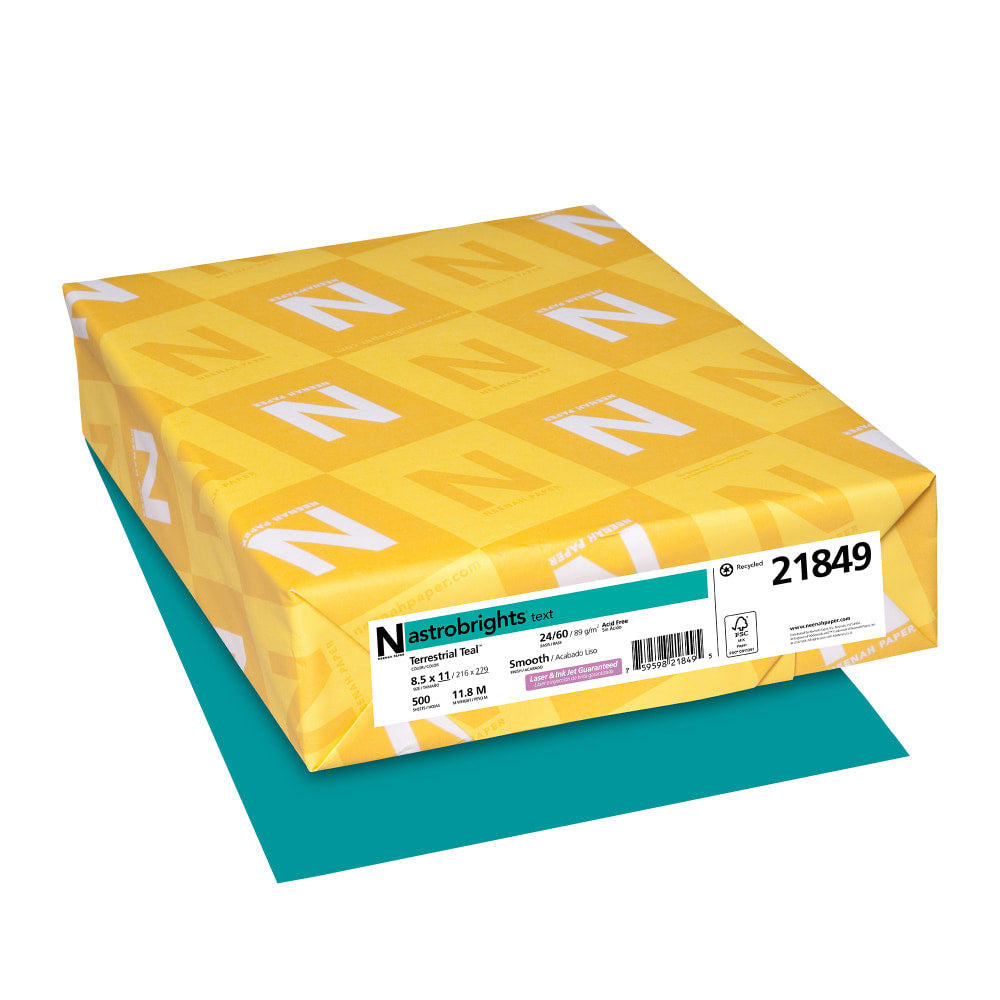 Neenah Astrobrights Bright Color Copy Paper, Terrestrial Teal, Letter (8.5in x 11in), 500 Sheets Per Ream, 24 Lb, 94 Brightness, 30% Recycled