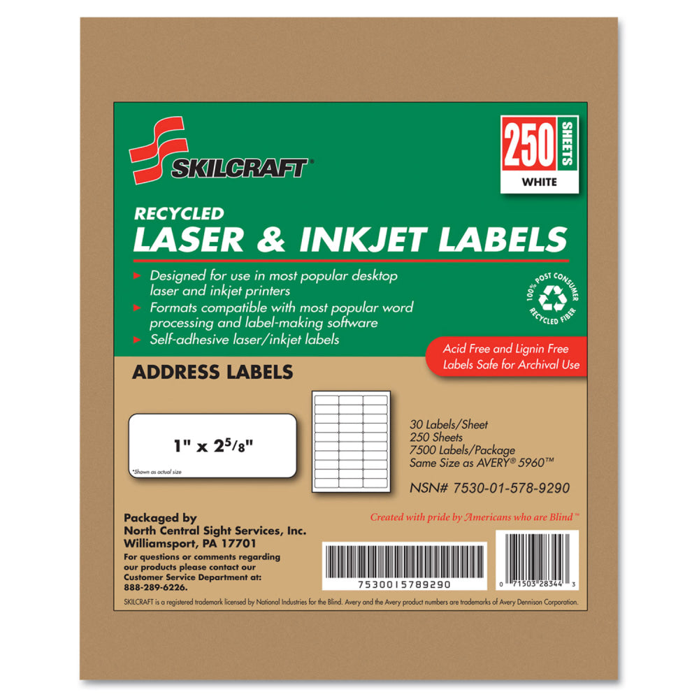 SKILCRAFT 100% Recycled Inkjet/Laser Address Labels, Rectangle, 1in x 2 5/8in, White, Box Of 250 Sheets (AbilityOne 7530-01-578-9290)