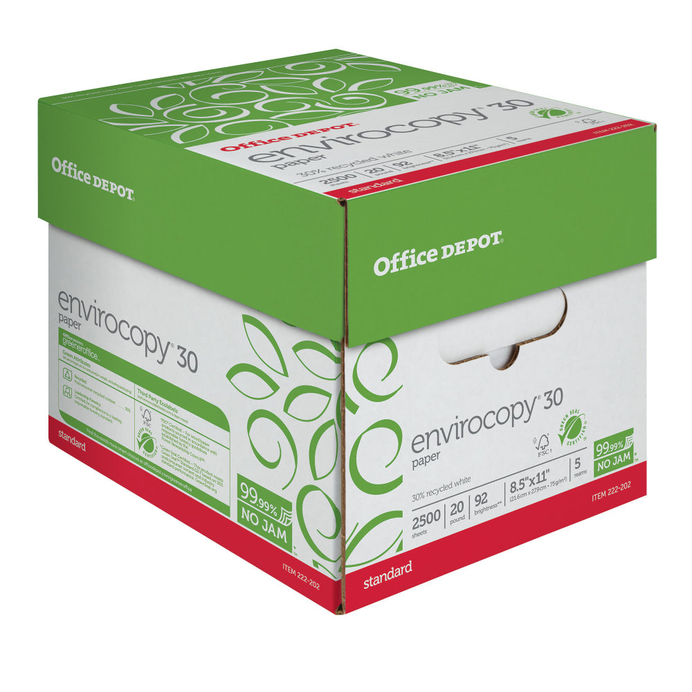 Office Depot EnviroCopy Copy Paper, White, Letter (8.5in x 11in), 2500 Sheets Per Case, 20 Lb, 30% Recycled, FSC Certified, Case Of 5 Reams