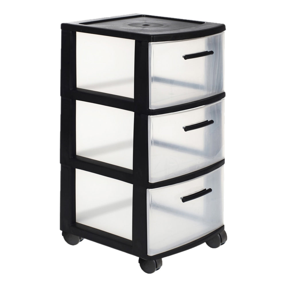 Inval MQ 3-Drawer Rolling Storage Cabinets, 25-1/2inH x 12-1/2inW x 14-1/2inD, Black/Clear, Set Of 2 Cabinets