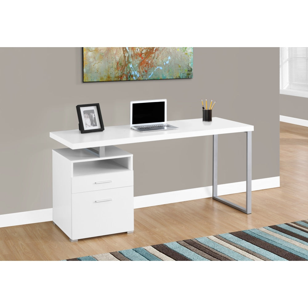 Monarch Specialties Contemporary 60inW Computer Desk With 2-Drawers And Open Shelf, Silver/White