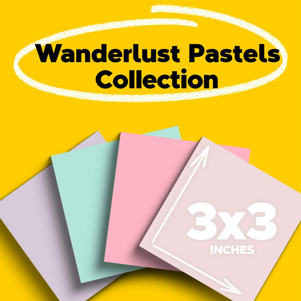 Post-it Super Sticky Recycled Notes, 3 in x 3 in, 24 Pads, 70 Sheets/Pad, 2x the Sticking Power, Wanderlust Pastels Collection, 100% Recycled