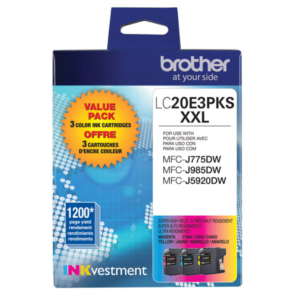 Brother LC20E Cyan; Magenta; Yellow Super-High-Yield Ink Cartridges, Pack Of 3, LC20E3PKS