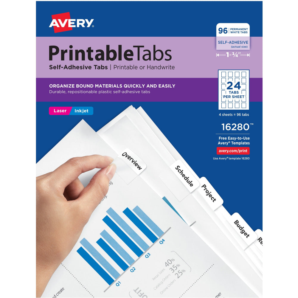 Avery Printable Self-Adhesive Tabs, 1 1/4in x 1in, White, Pack Of 96