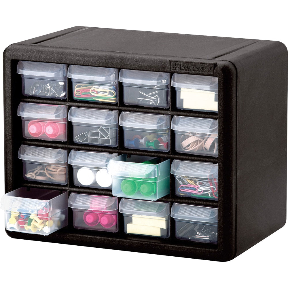 Akro-Mils 16-Drawer Plastic Storage Cabinet, 8.5in x 6.4in, Black/Clear