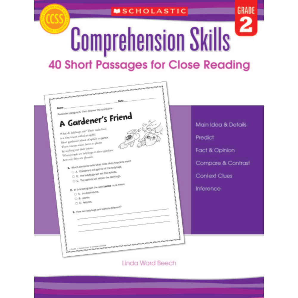 Scholastic Comprehension Skills: 40 Short Passages For Close Reading, Grade 2