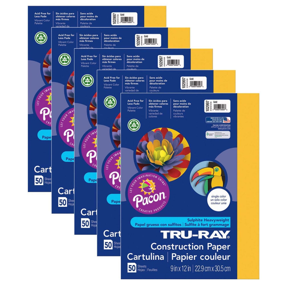 Tru-Ray Construction Paper, 9in x 12in, Gold, 50 Sheets Per Pack, Set Of 5 Packs