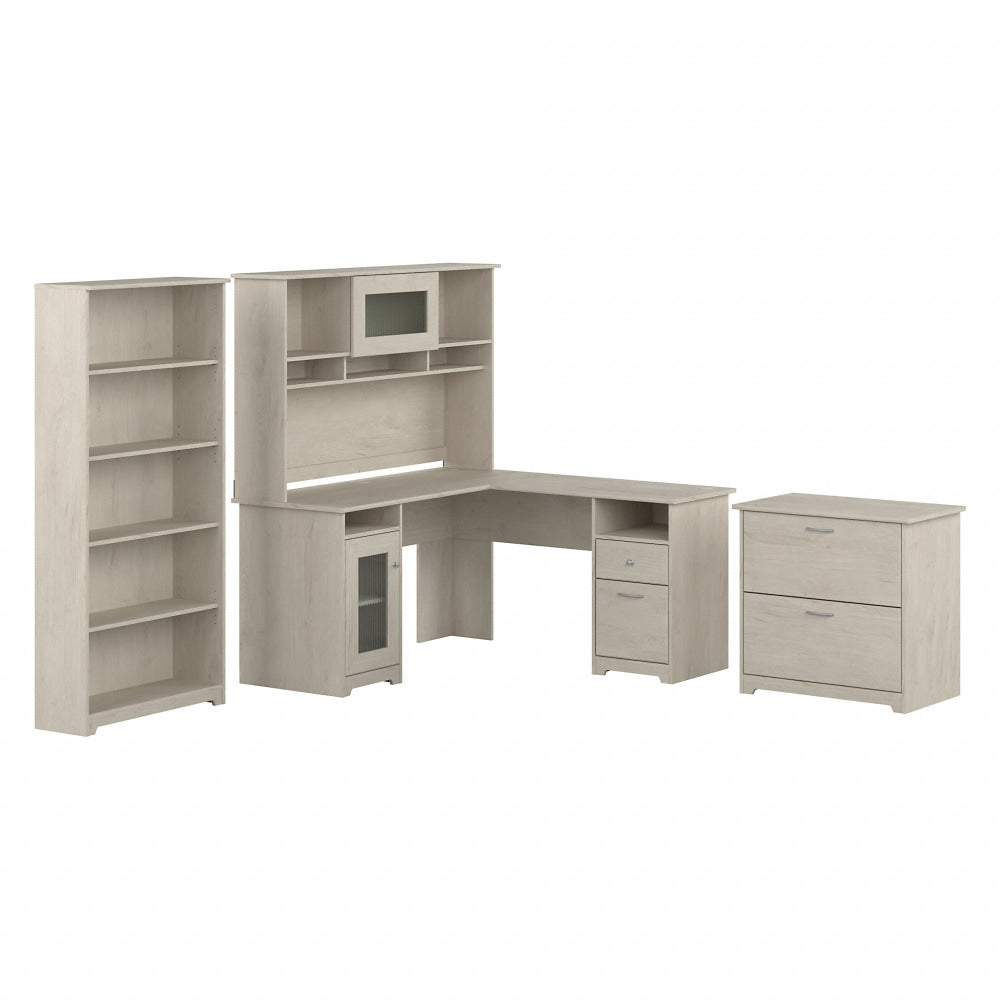 Bush Business Furniture Cabot 60inW L-Shaped Corner Desk With Hutch, Lateral File Cabinet And 5-Shelf Bookcase, Linen White Oak, Standard Delivery