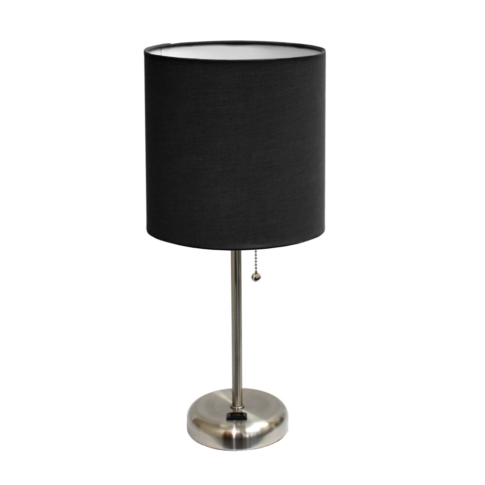 LimeLights Stick Lamp with Charging Outlet and Fabric Shade, 19.5inH, Black/Brushed Steel