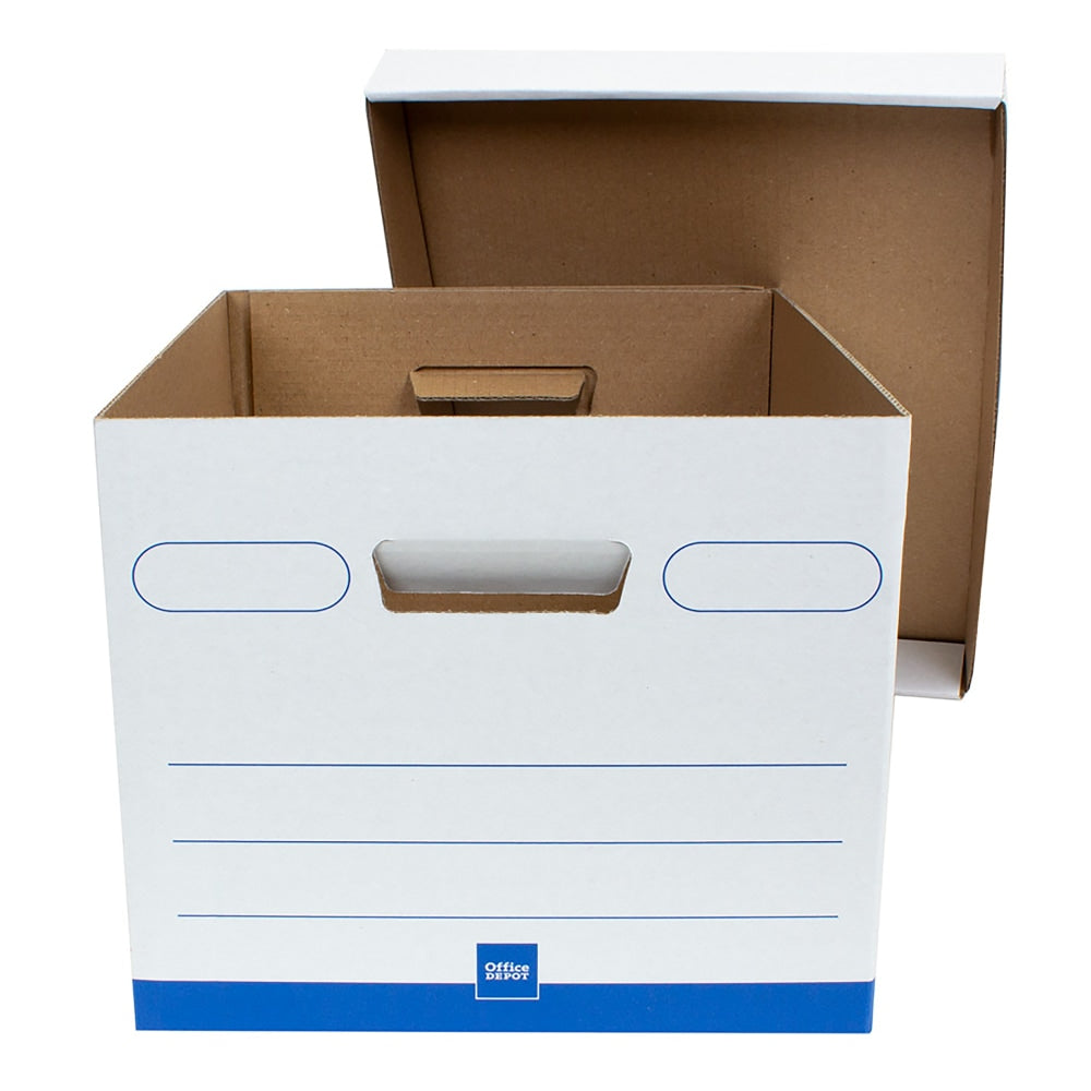 Office Depot Brand Quick Set Up Medium-Duty Storage Boxes With Lift-Off Lids And Built-In Handles, Letter/Legal Size, 15in x 12in x 10in, 60% Recycled, White/Blue, Pack Of 12