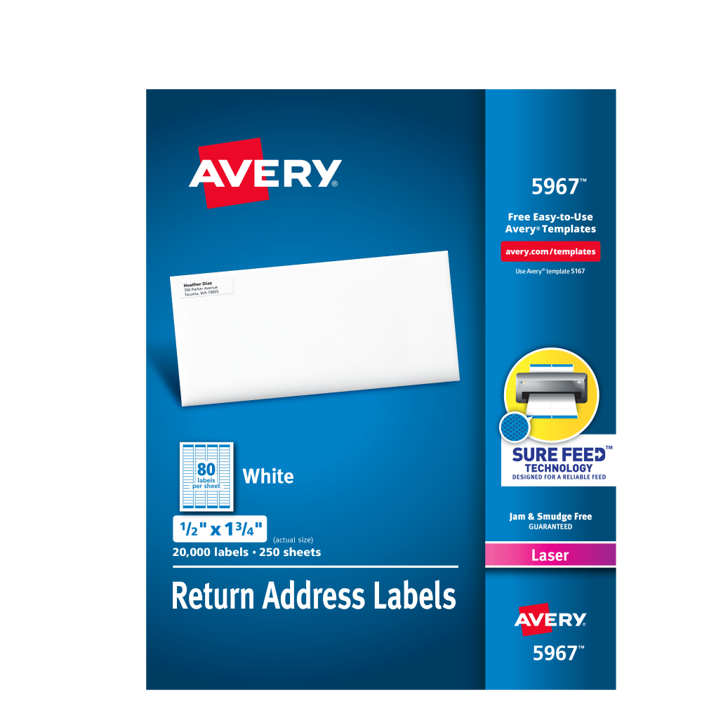 Avery Laser Address Labels With Sure Feed Technology, Return, AVE5967, 1/2in x 1 3/4in, White, Pack Of 20,000