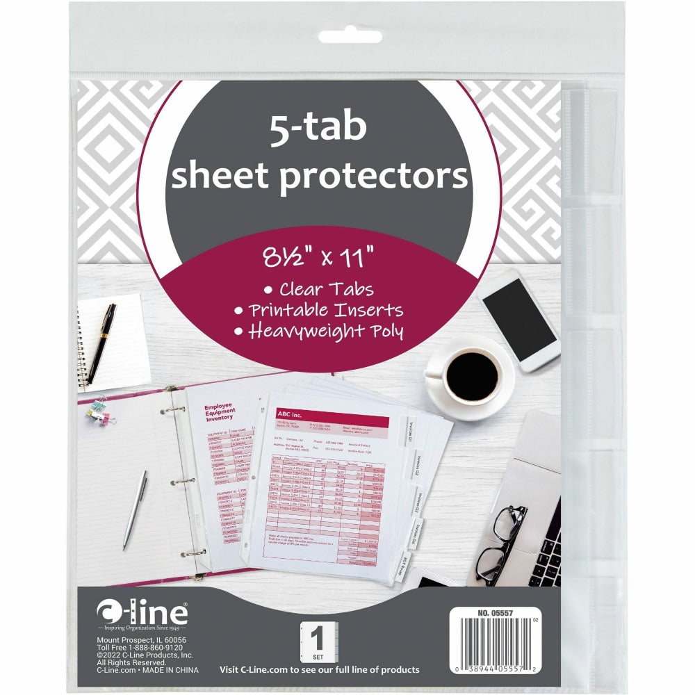 C-Line Top-Loading Sheet Protectors With Tab Inserts, 8 1/2in x 11in, 5-Tab, Clear