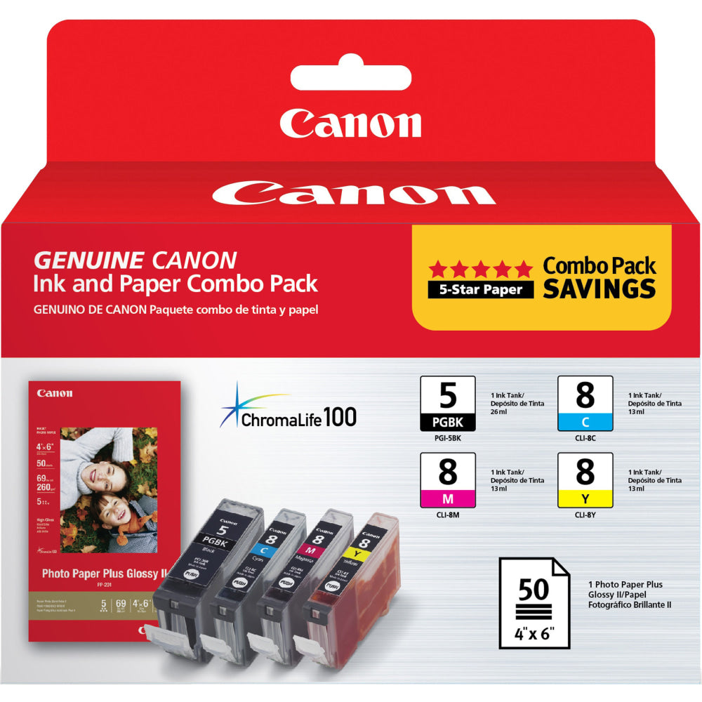 Canon PGI-5/CLI-8/PP-201 ChromaLife 100 Black And Cyan, Magenta, Yellow Ink Cartridges And Photo Paper, Pack Of 4