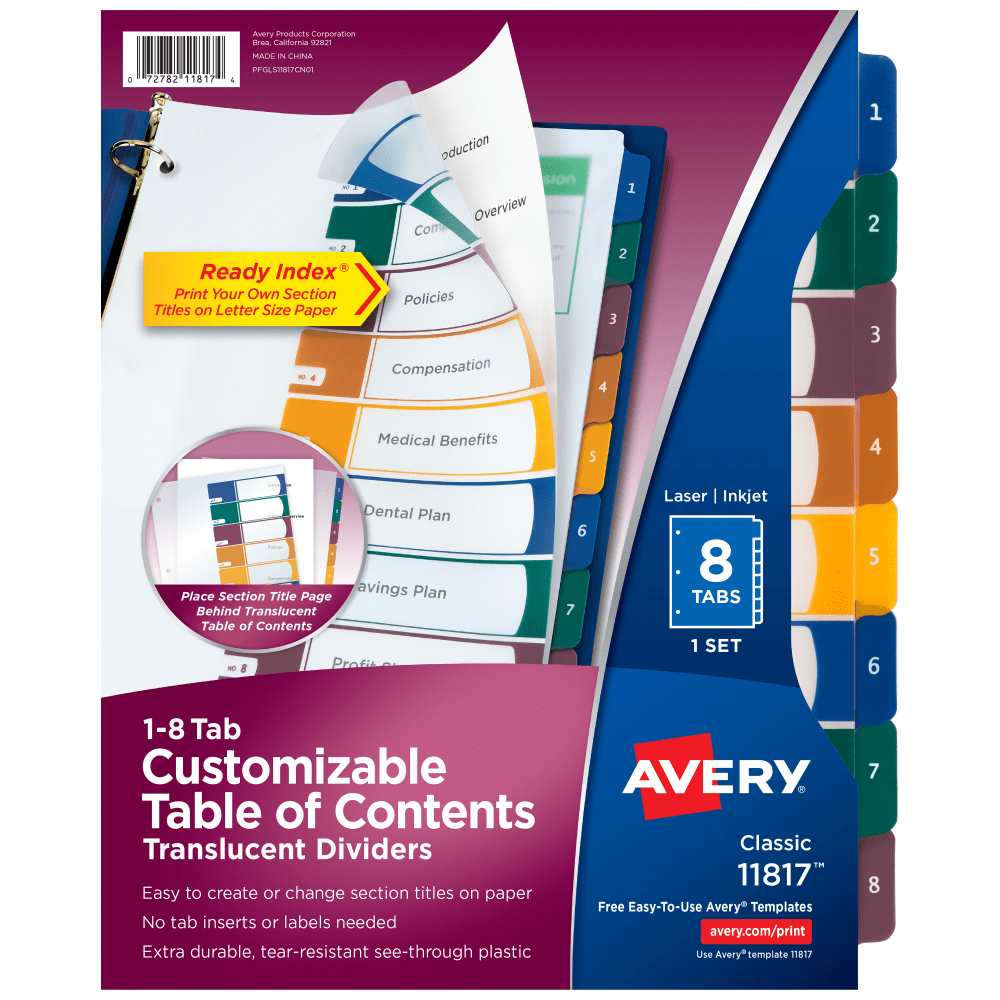 Avery Ready Index Plastic Dividers, 8-Tab & Table Of Contents, Multicolor