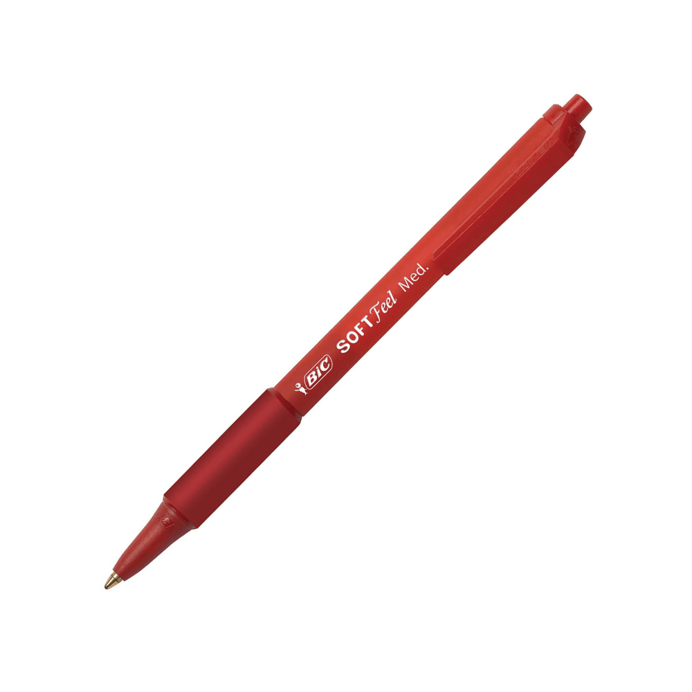 BIC Soft Feel Retractable Ballpoint Pens, Medium Point, 1.0 mm, Red Barrel, Red Ink, Box Of 12 Pens